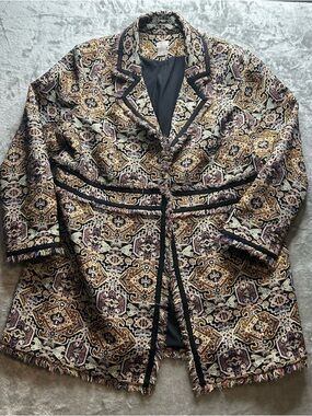 Chico’s Woven Fringe Trim Jacket in Multicolor with gold metallic thread.